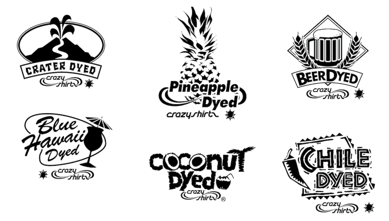 A grid of six black and white illustrations showcases different themed logos for "Crazy Shirts." The logos include styled text and graphics for "Crater Dyed," "Pineapple Dyed," "Beer Dyed," "Blue Hawaii Dyed," "Coconut Dyed," and "Chile Dyed." Find these unique designs while exploring tips on Duty Free Shopping in Maui airport Hawaii.
