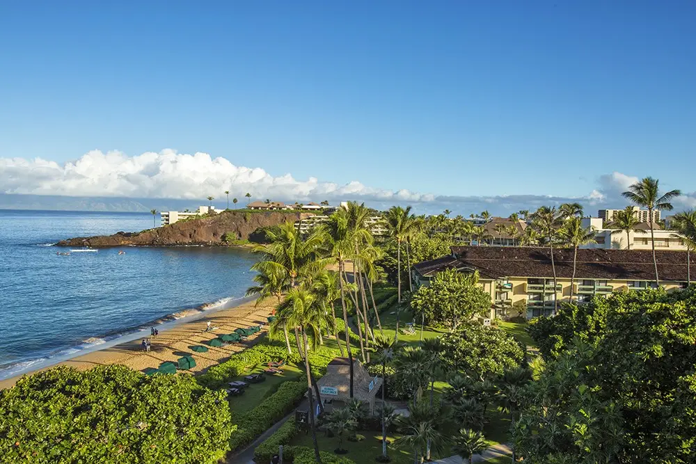 A scenic coastal view with a sandy beach lined with umbrellas and sunbeds at the Kaanapali Beach Hotel. Lush green palm trees and vegetation surround resort buildings on the right. Blue ocean waves lap against the shoreline, with distant mountains and a clear blue sky in the background, reminiscent of Hawaii's paradisal charm.
