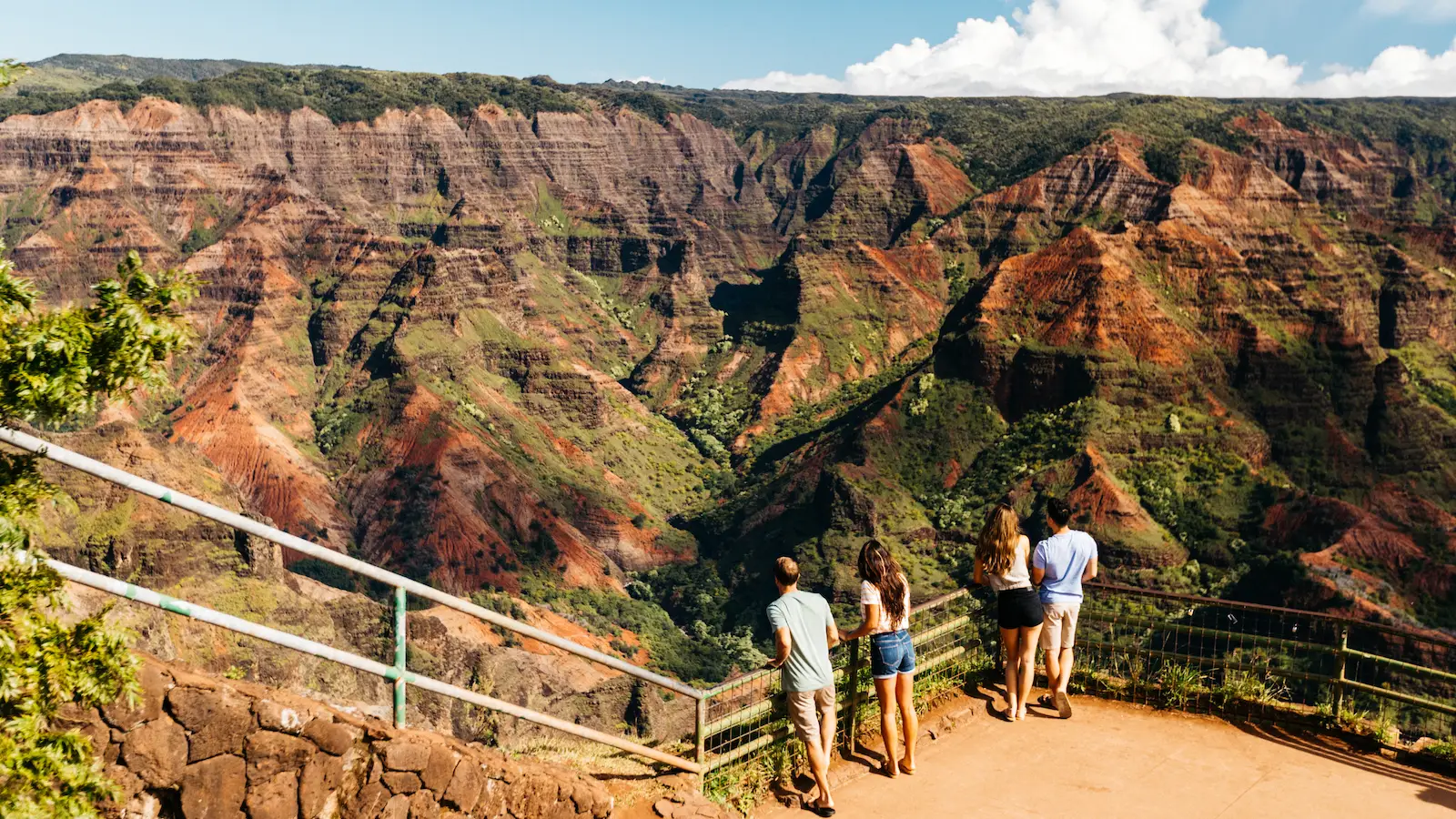 Four people stand at a lookout point admiring the expansive view of a deep canyon with steep, colorful cliffs. Verdant vegetation contrasts with reddish-brown rock formations under a bright sky. A metal railing lines the edge of the viewpoint, inviting all to visit Kaua'i's natural wonders.