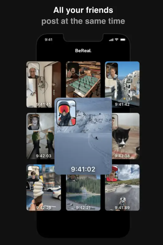 A smartphone screen displaying Gen Z’s new favorite app, BeReal, shows several photos of people's daily activities. The images include a mix of selfies, pets, outdoor scenery, and everyday moments, each with a timestamp around 9:41 on different days. Text at the top says, "All your friends post at the same time.