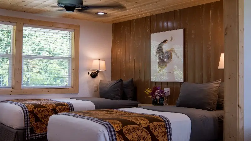 A cozy bedroom in one of the best vetted value hotels on the Big Island features two twin beds with brown decorative throws, gray pillows, and wooden wall paneling. A painting of a rooster hangs between two wall-mounted lights above a bedside table with a vase of flowers. A ceiling fan is visible above the beds.