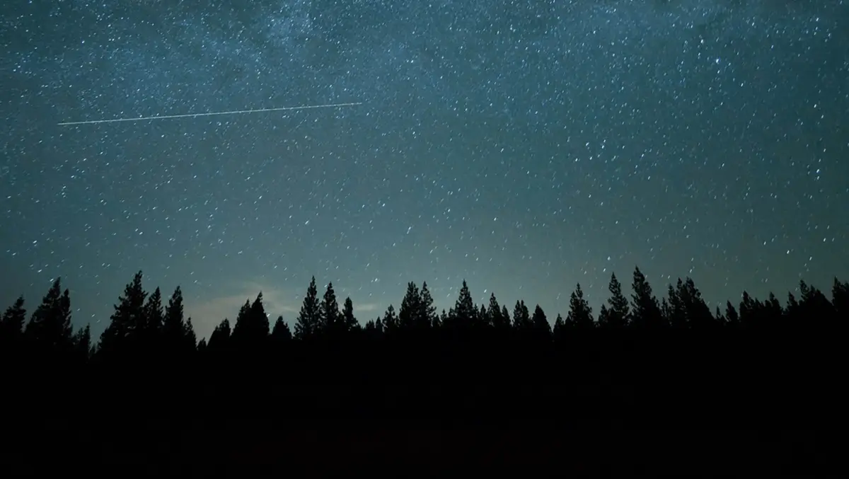 A serene night sky filled with countless stars and a visible shooting star streaking across. The silhouette of a dense forest with tall trees stretches across the bottom of the image, contrasting with the teal-tinted horizon, perfect for family-friendly adventures in Sonoma County.
