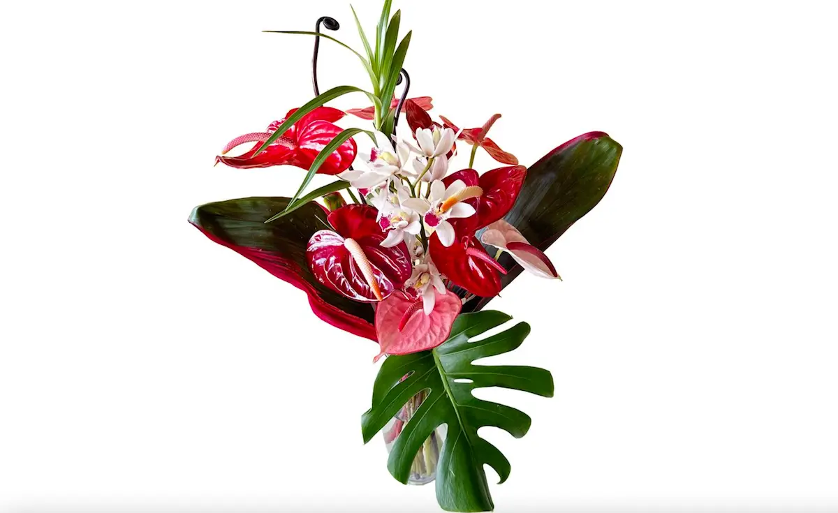 A floral arrangement featuring vibrant red anthuriums, white lilies, and green monstera leaves, set against a plain white background. Perfect as Valentines Day Gifts from Hawai'i, the flowers are gracefully arranged to create a striking and colorful display.