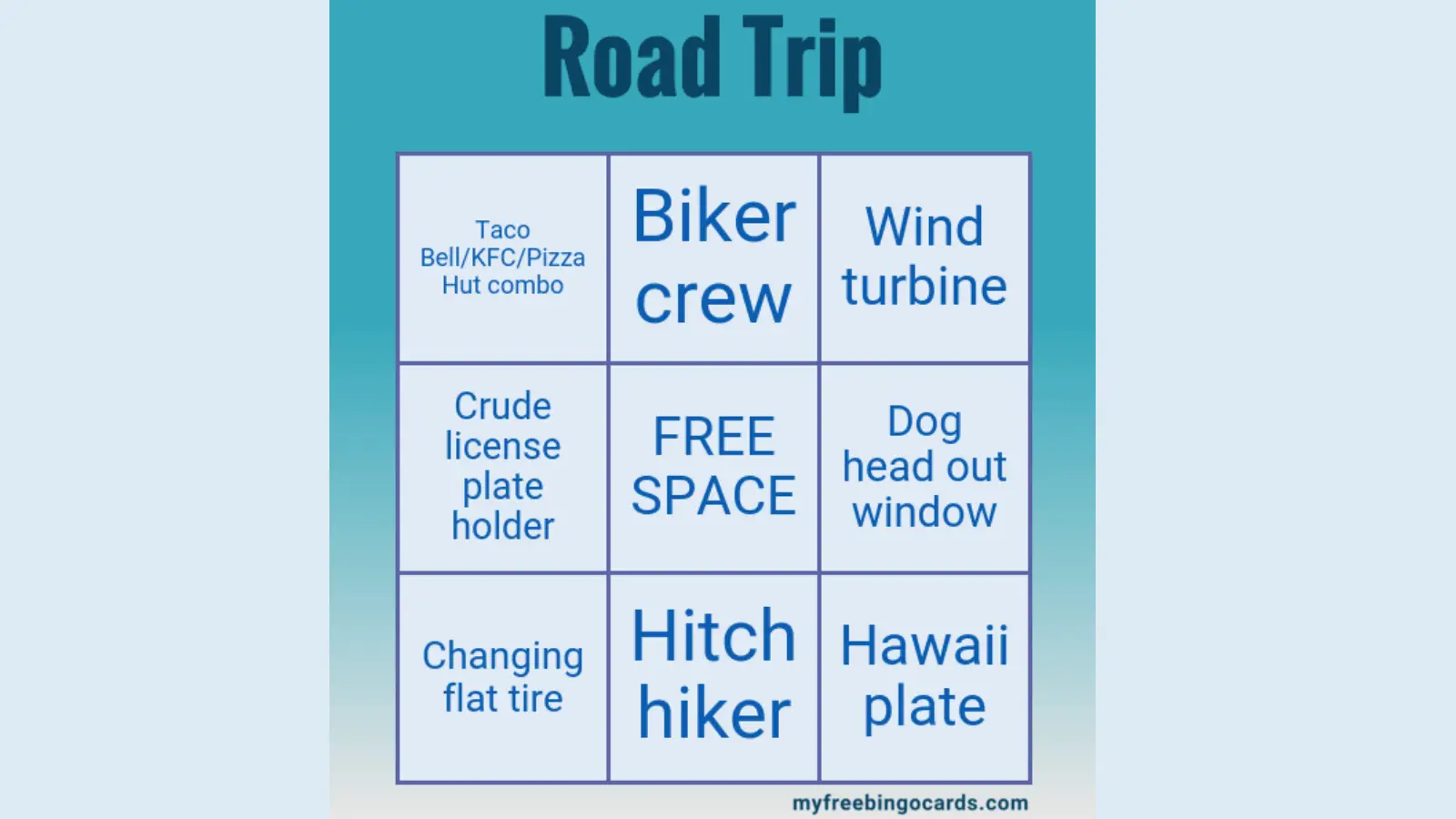 A road trip-themed bingo card with a 3x3 grid. The squares contain phrases including "Biker crew," "Wind turbine," "Taco Bell/KFC/Pizza Hut combo," "Crude license plate holder," "FREE SPACE," "Dog head out window," "Changing flat tire," "Hitch hiker," and "Hawaii plate"—perfect for adding a Wordle