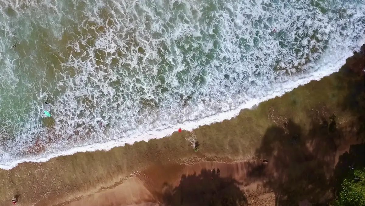 Aerial view of one of Maui's lesser-known beaches with waves crashing onto the shore. The water is a turquoise shade near the shore, blending into deeper blue farther out. A few beachgoers can be seen, and a mix of sand and vegetation borders the beach. Shadows of trees are visible on the sand.