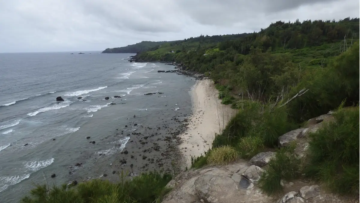 A beach with rocky and sandy areas curves along a coastline under an overcast sky. Waves gently crash along the shore, and dense greenery covers the hills and cliffs surrounding this hidden gem among Maui’s lesser known beaches. The water appears calm, and the scene conveys a tranquil and secluded ambiance.