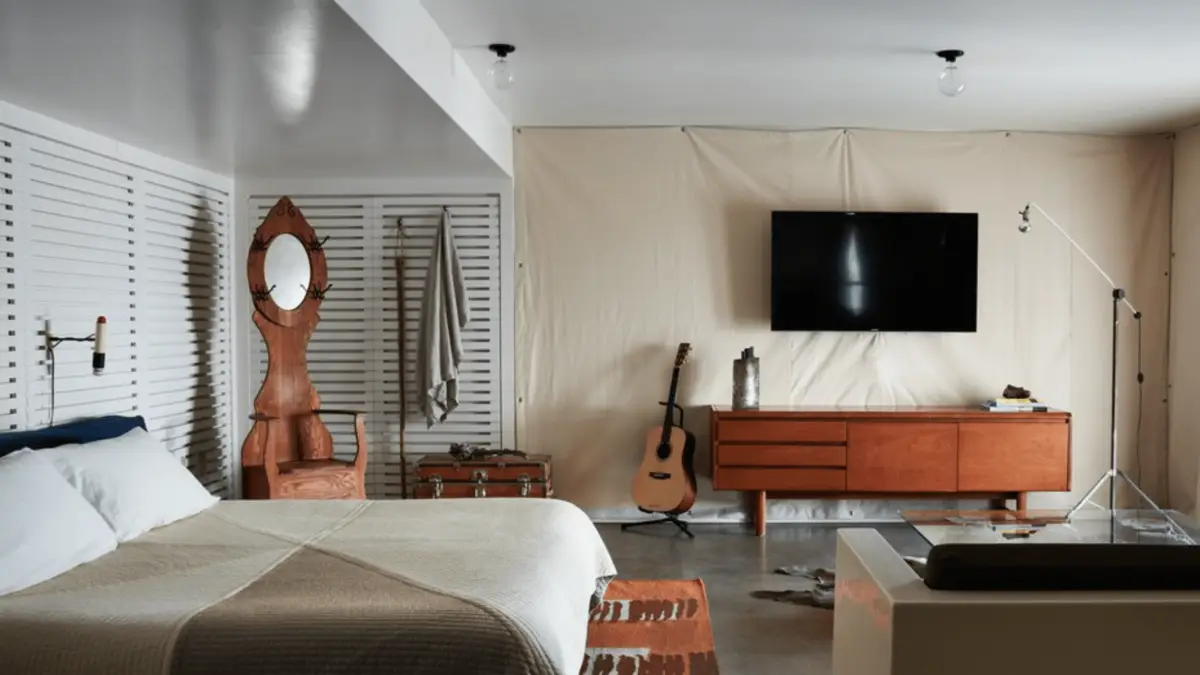 A modern bedroom reminiscent of the best hotels Los Angeles offers features a bed with white linens, a unique wooden chair with a mirror, and a side table. A guitar rests against a wooden console beneath a wall-mounted TV. The room is adorned with minimalist decor, including a standing lamp and a rug.