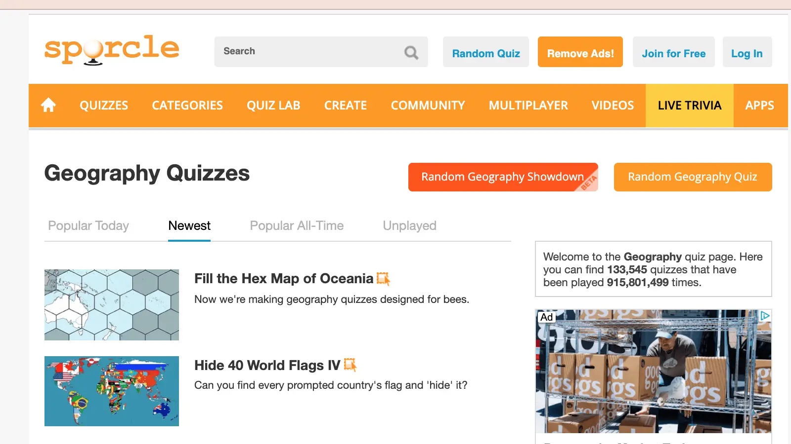 Screenshot of the Geography Quizzes page on Sporcle’s website. The top navigation includes options like Quizzes, Categories, and Quiz Lab. Highlighted quizzes are "Fill the Hex Map of Oceania" and "Hide 40 World Flags IV." To the right, a message welcomes users with a nod to Wordle's popularity.
