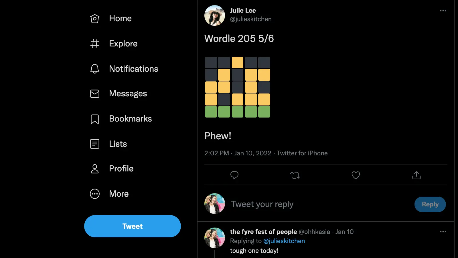 A screenshot of a tweet by Julie Lee on Twitter showcases her completed Wordle puzzle for Wordle 205 with a 5/6 score. The tweet simply reads, "Phew!" Below, a reply from "the frye fest of people" exclaims, "Wordle is a tough one today!" Various Twitter interface elements are also visible.