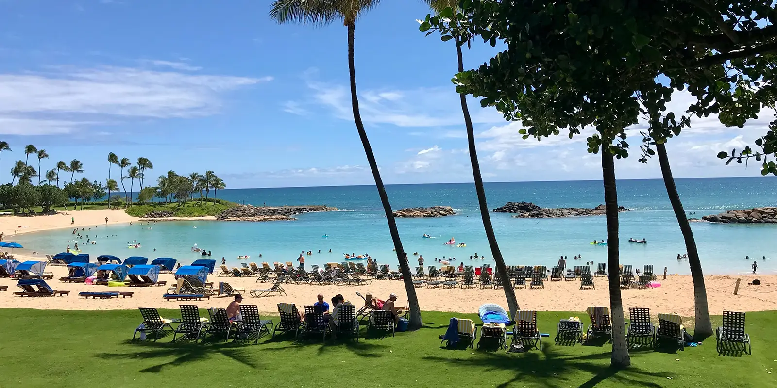 A sunny day at a family-friendly beach on Oahu with clear blue water, sandy shores, and scattered palm trees. People are relaxing on lounge chairs under umbrellas, while some swim or wade in the ocean. The scene is vibrant and serene, with a bright blue sky and light clouds.