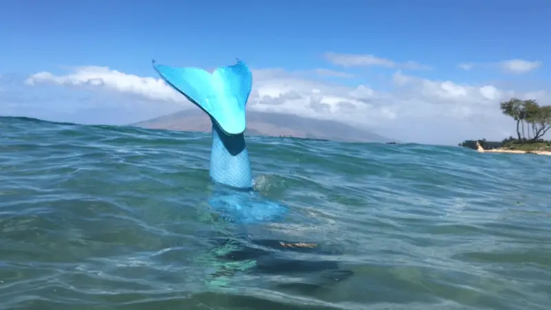 A blue mermaid tail from Mermaid School in Maui is visible sticking out of the water in the ocean. The sky is clear with a few clouds, and distant land with palm trees is visible on the horizon. The water appears calm and clear, reflecting the bright blue sky.