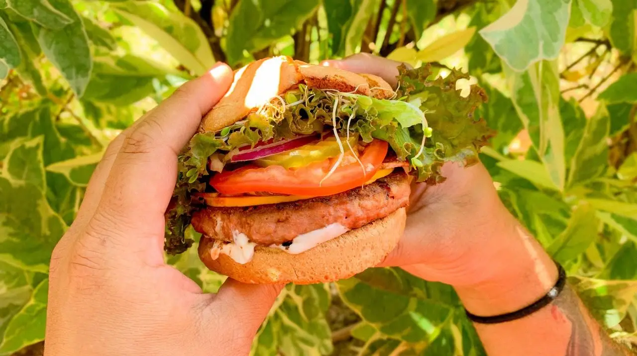 A pair of hands holding a large burger filled with a patty, lettuce, tomato, onion, and possibly pickles against a backdrop of green foliage. The fresh and colorful burger boasts a generous portion of vegetables, epitomizing the best gluten-free dining in Waikiki.