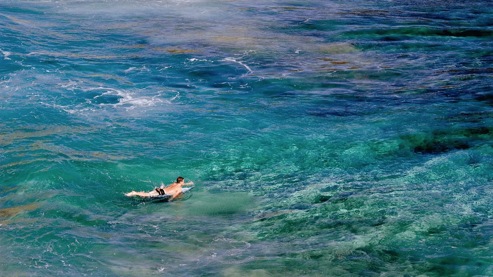 A person swims alone in the expansive, clear blue ocean, surrounded by gentle waves and patches of submerged rocks or seaweed. The photograph, taken from above, showcases the vastness of the sea and the clarity of the water—truly highlighting why this is one of the best places to scuba dive on Kauai.