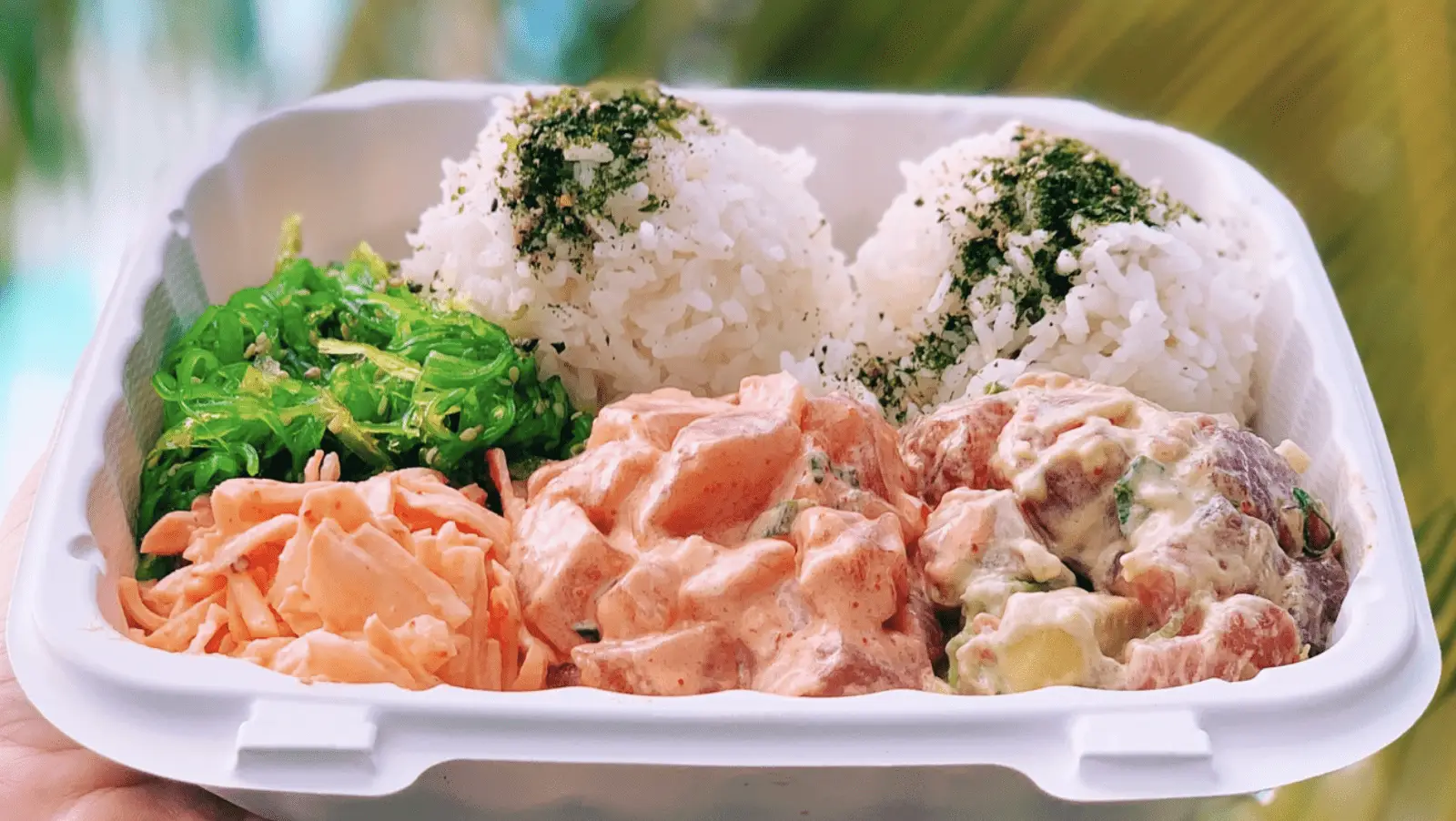 A take-out container filled with two rice balls topped with shredded seaweed, seaweed salad, and a mix of what appears to be two types of poke - one creamy and orange, the other likely traditional poke with fresh fish and green onions, honoring the rich history of poke.