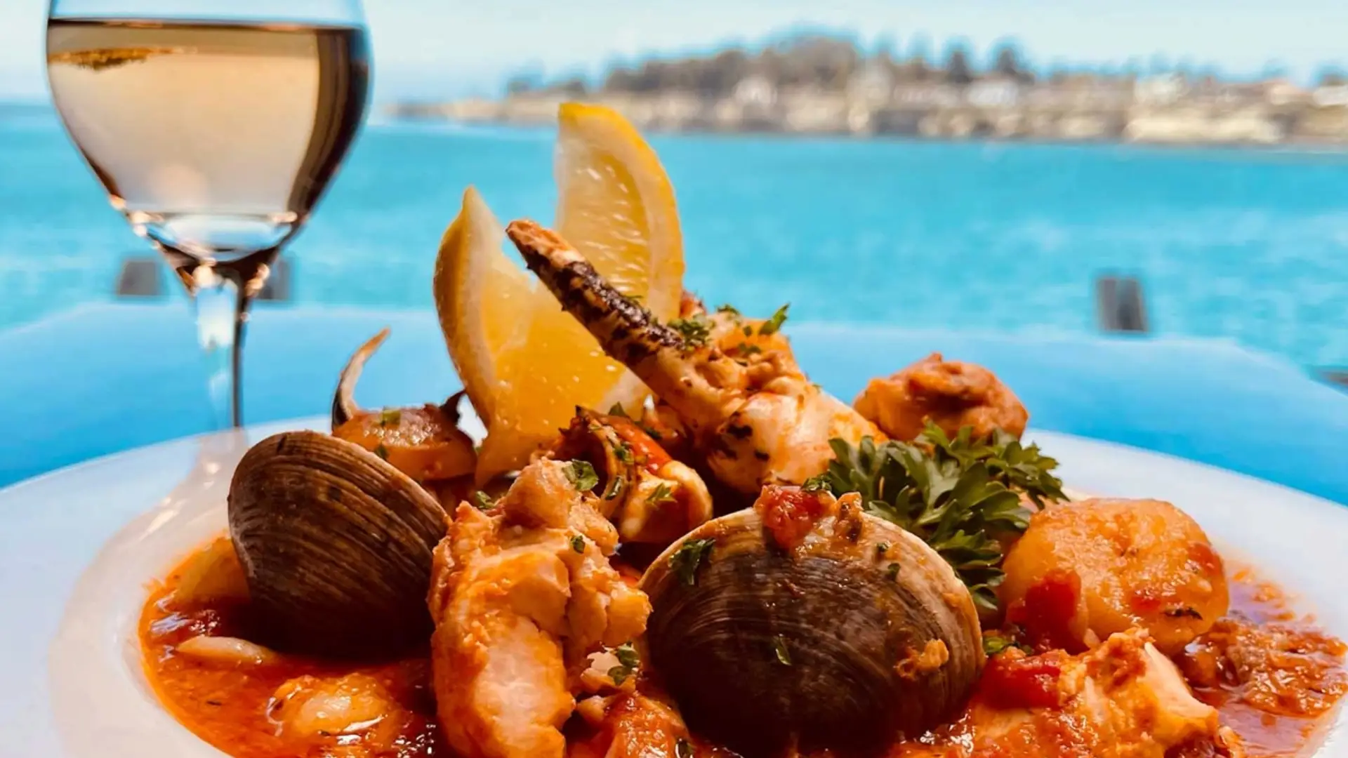 A plate of seafood stew garnished with parsley and lemon wedges is served by the seaside in Santa Cruz. A glass of white wine sits next to the dish. The background reveals a scenic ocean view with a distant landmass under a clear blue sky.