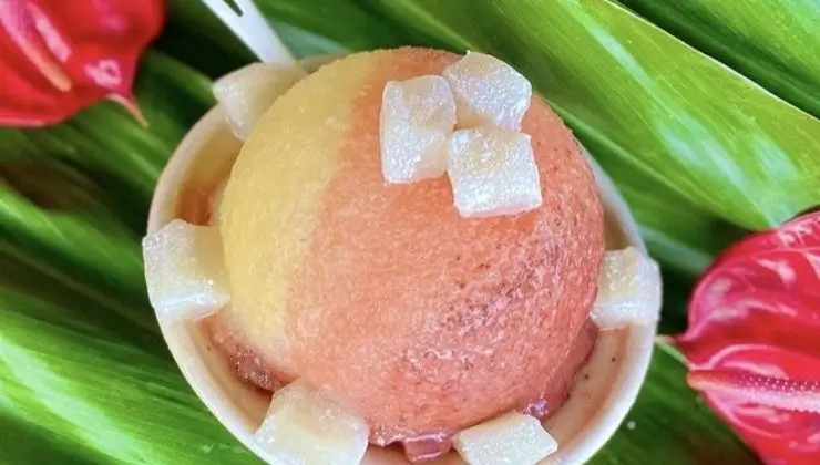 A bowl of colorful shaved ice with a mix of orange and yellow hues, topped with small white cubes, possibly mochi pieces, is placed on a green leaf background with red tropical flowers. This vibrant and refreshing treat is reminiscent of the best shave ice on the Big Island.