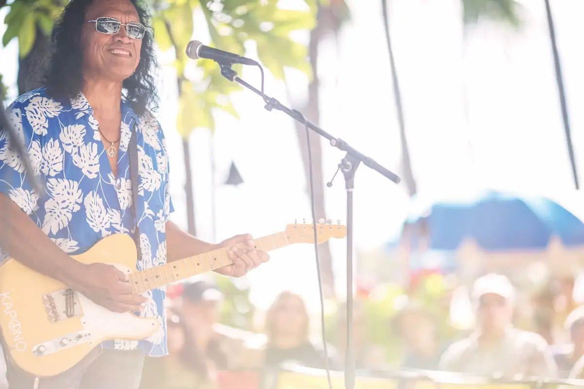 A man with long hair wearing sunglasses and a blue Hawaiian shirt with white floral patterns plays an electric guitar while singing into a microphone at Duke's Restaurant in an outdoor setting. A crowd and palm trees are visible in the background.