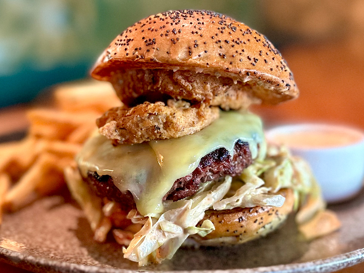 A close-up of one of the Best Burgers in Marin, featuring a poppy seed bun, fresh lettuce, melted cheese, and crispy onion rings. This gourmet delight is served on a speckled plate with a side of fries and a small bowl of dipping sauce in the background.