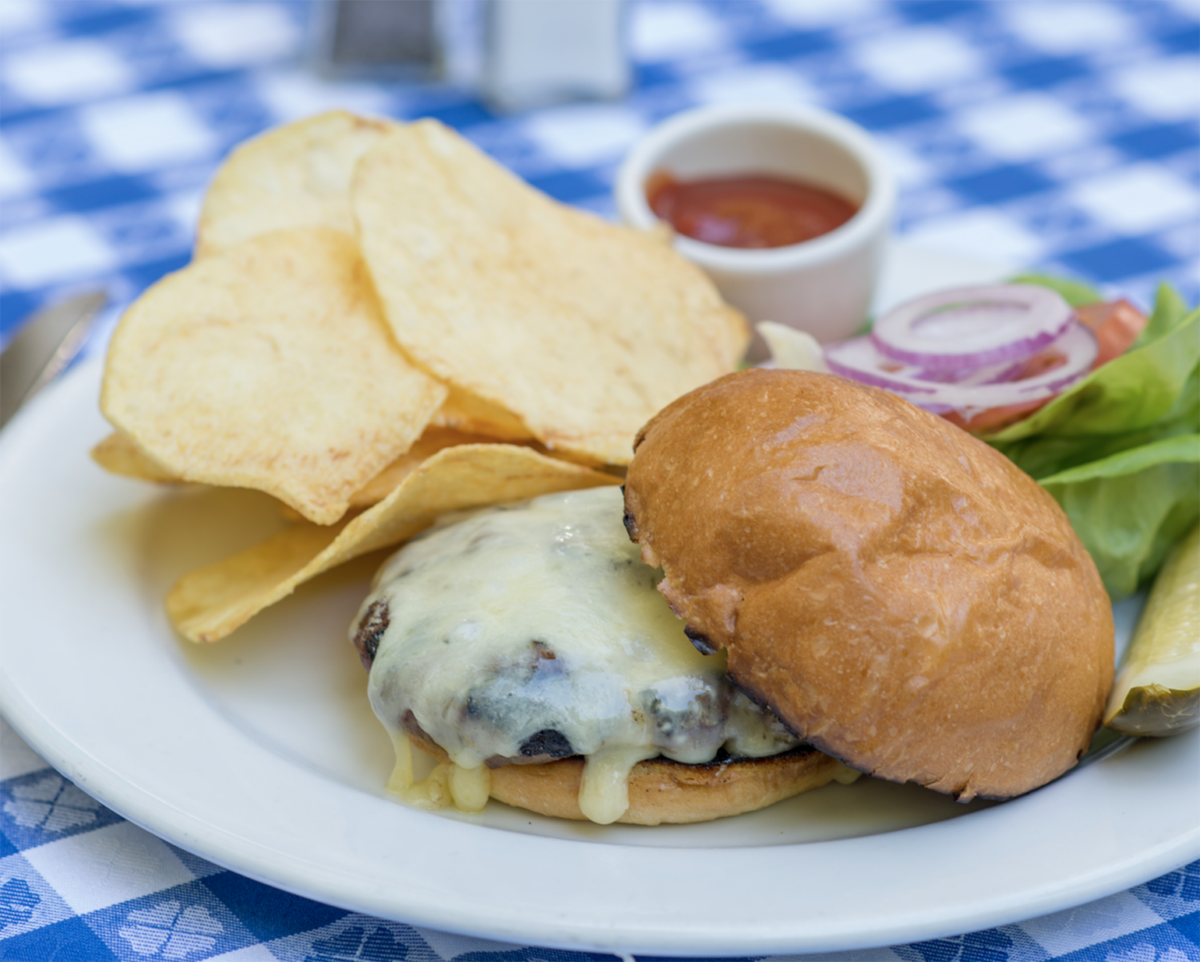 A cheeseburger with melted cheese in a bun served on a white plate with potato chips, leafy greens, onions, and a pickle. A small cup of ketchup is in the background. The tablecloth is blue and white checkered, making it one of the Best Burgers in Marin.