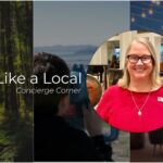 A banner image with the title "Travel Like a Local – Concierge Corner." The background features three scenes: a forest, a person using a binocular viewer, and a cozy outdoor seating area with string lights. A circular inset shows a smiling woman in glasses and a red top, inviting you to visit East Bay.