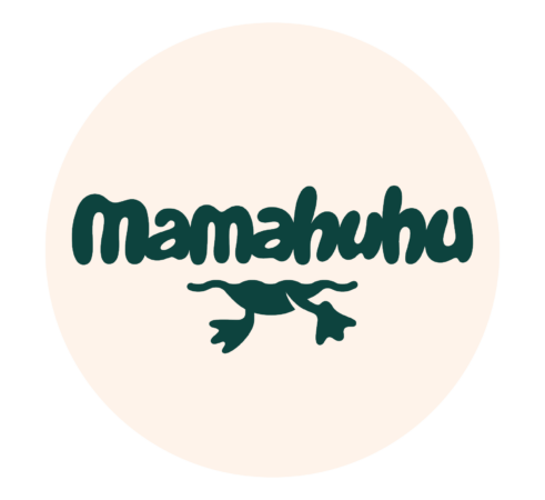 The image displays the word "Mamahuhu" in a stylized font, with a frog positioned beneath the text. The design, reminiscent of a Mill Valley Restaurant Rally, is set against a light circular background.