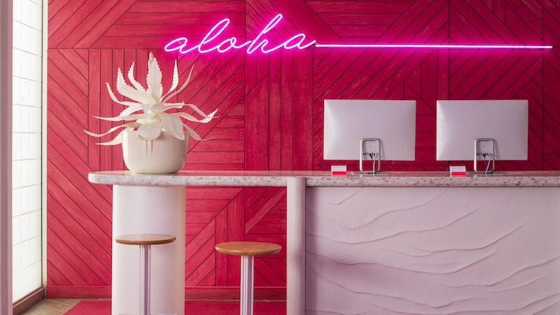A modern reception area with a vibrant red and pink theme. A white neon sign reads "aloha" on the red wall behind the counter. The counter is white with two monitors and a large white plant. Two wooden stools are in front of the counter.