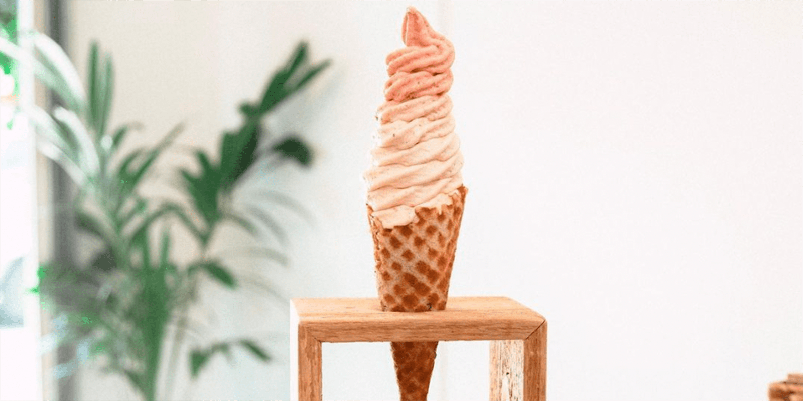 A soft serve ice cream cone with a vanilla and strawberry twist is placed vertically on a wooden stand. The background features a blurred green plant and a white wall, creating a clean, minimalist aesthetic.
