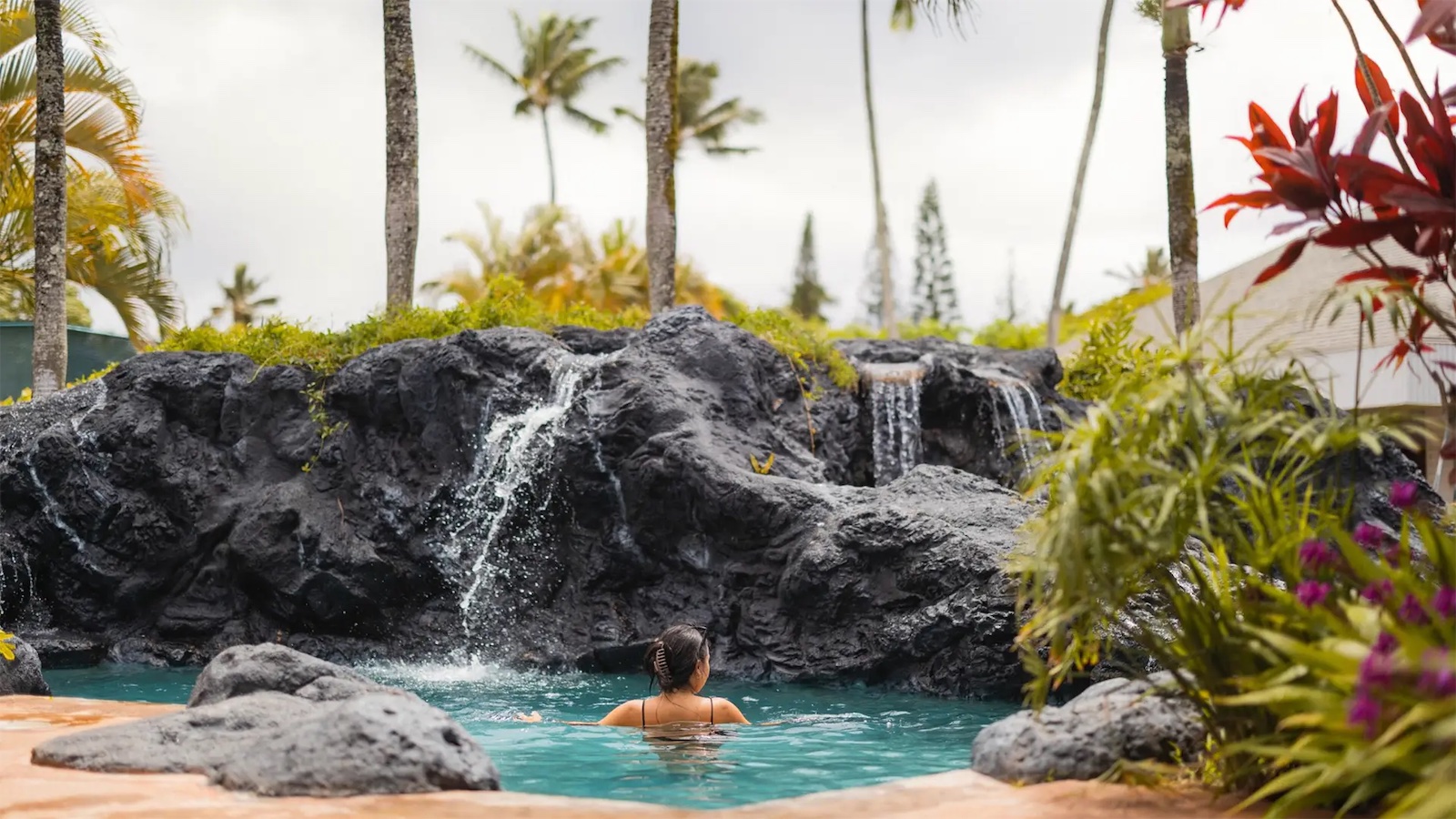 A person swims towards a small waterfall in a tropical rock pool surrounded by lush greenery and tall palm trees. The sky is overcast, adding a serene atmosphere to the scene.