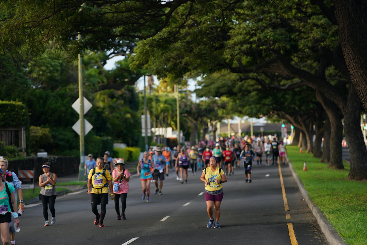 People running in a marathon down a street shaded by trees.