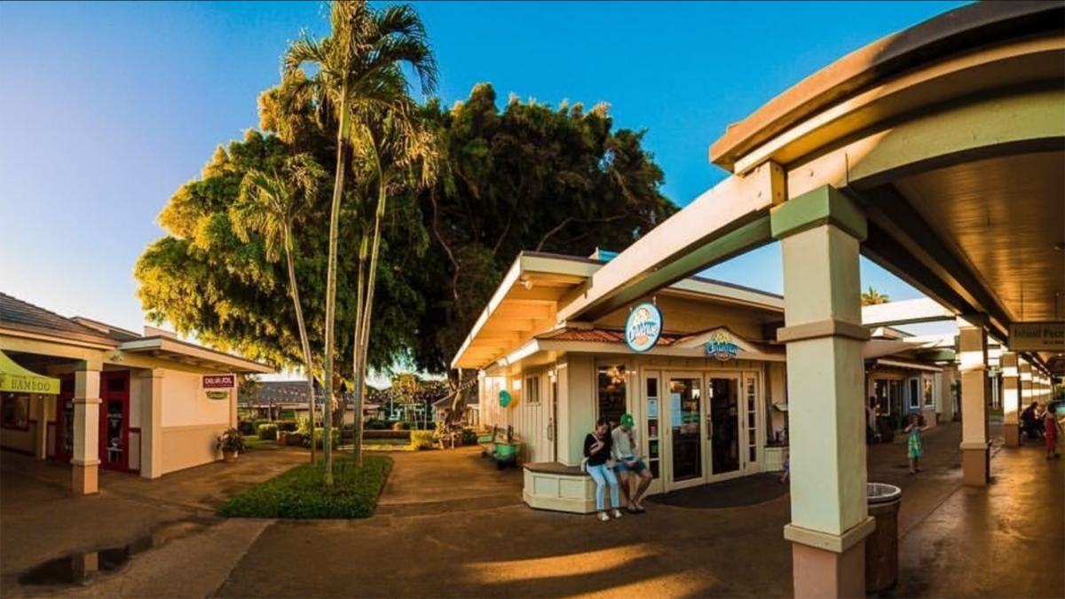 A sunny outdoor shopping plaza featuring a large tree and several small shops, including one with a sign reading "Kauai." People are sitting on a bench and walking along the pathways, enjoying the vibrant, tropical atmosphere. If you're wondering what to do on Kauai when it rains, explore these charming shops.