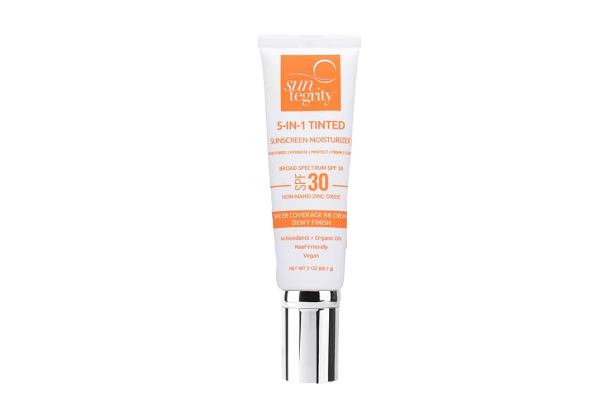 A white sunscreen tube with orange highlights and a shiny silver cap