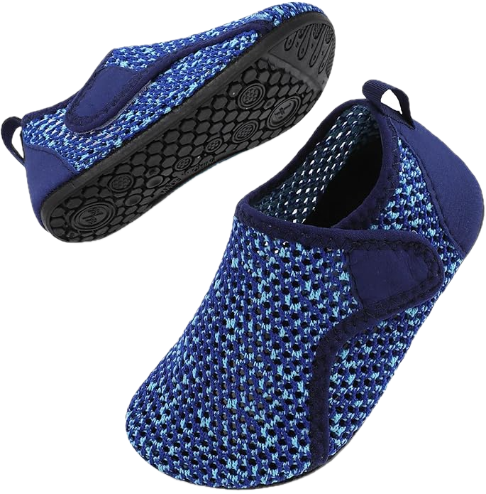 A pair of bright and navy blue slip on shoes with a velcro strap.