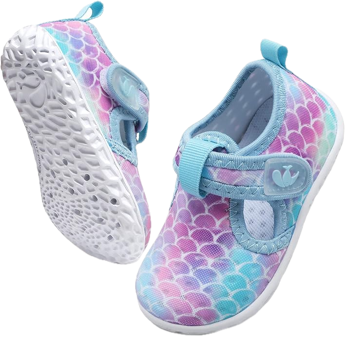A pair of toddler shoes with a purple and blue fish scale pattern and velcro strap closure.