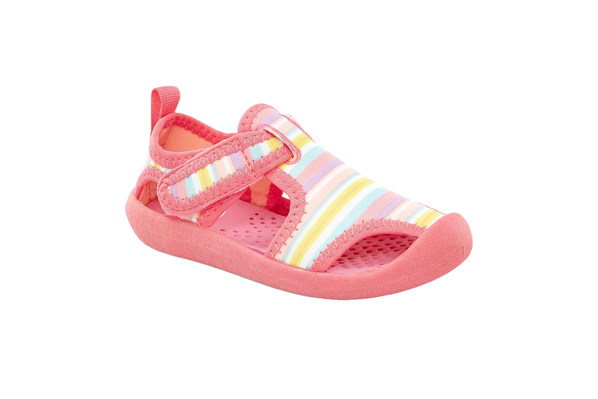 A pair of salmon pink sandals with yellow, purple, blue and pink stripes.