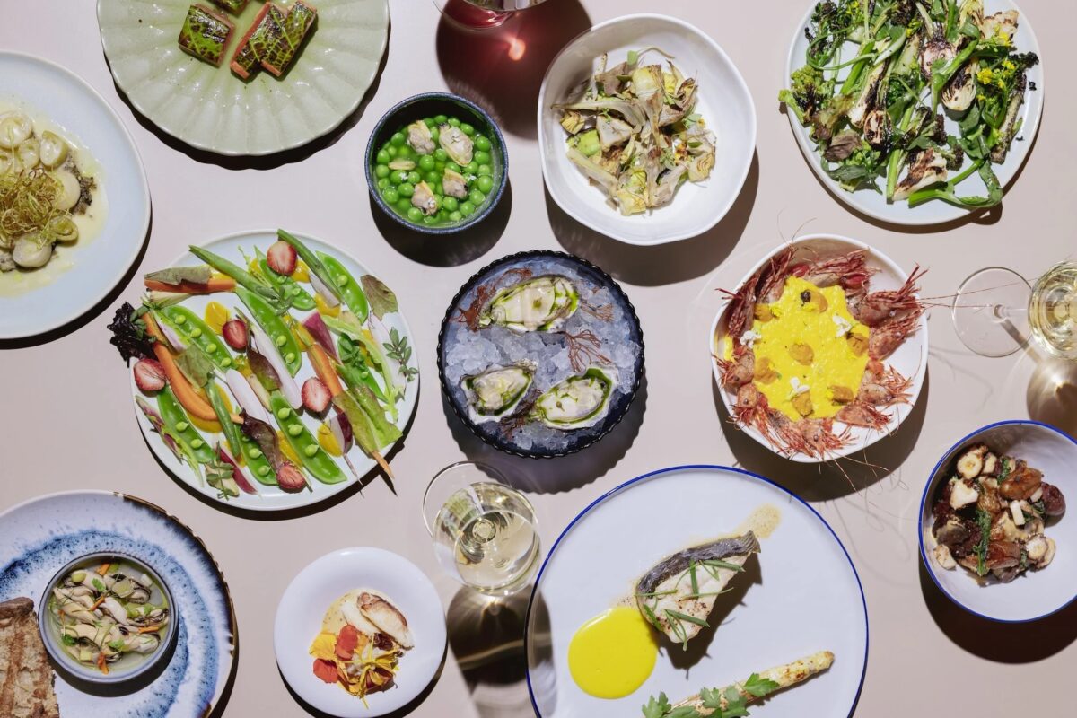 An array of plates with various dishes.