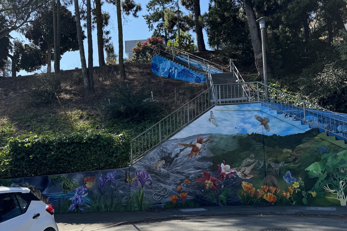 depicting a blue sky and green grass and lots of animals.