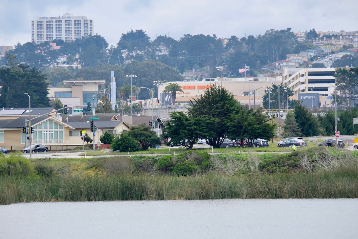 A view of a park, with San Francisco in the background and a body of water in the foreground.