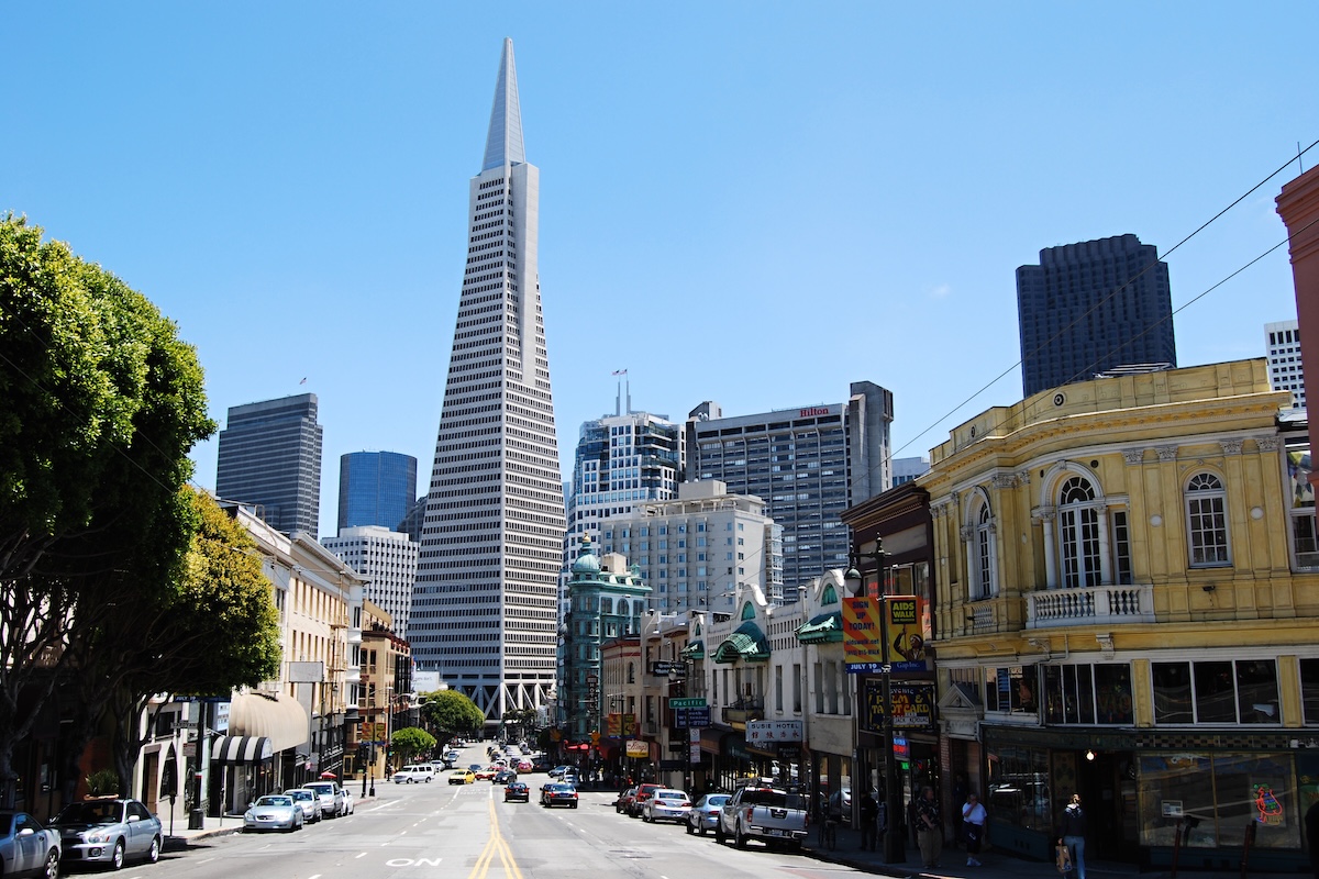 A view of the Transamerica Pyramid from a street in San Francisco.