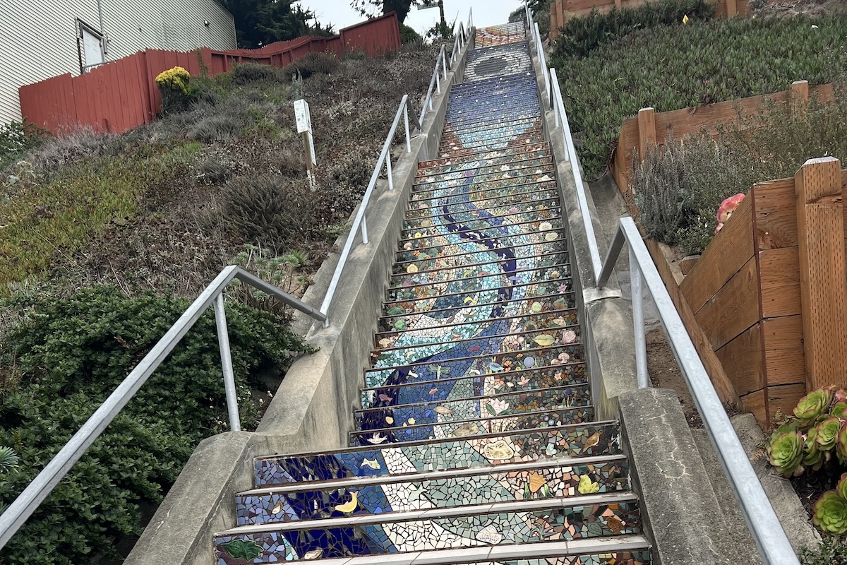 Gazing up at the long staircase.