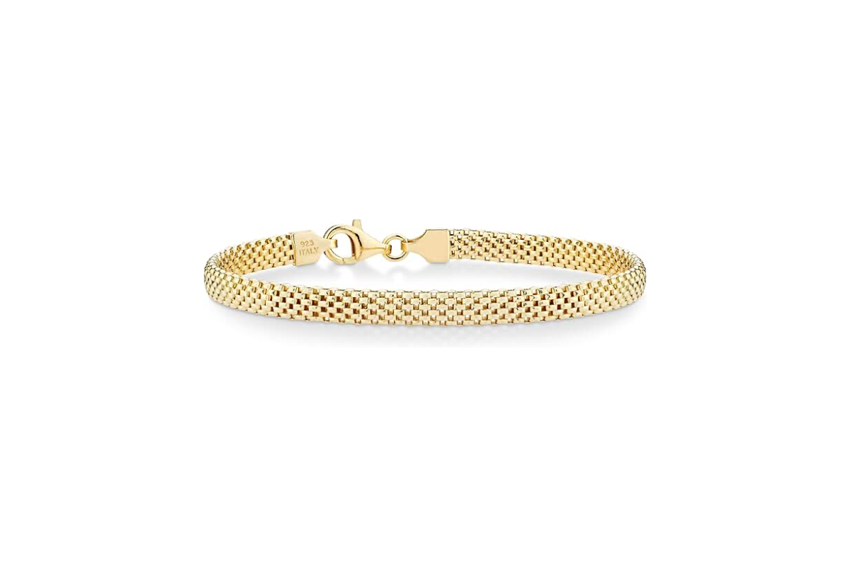 This image shows a gold mesh bracelet