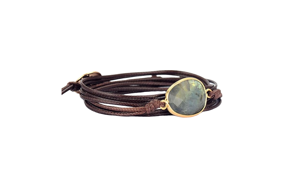 This image features a brown leather wrap bracelet with a green stone.
