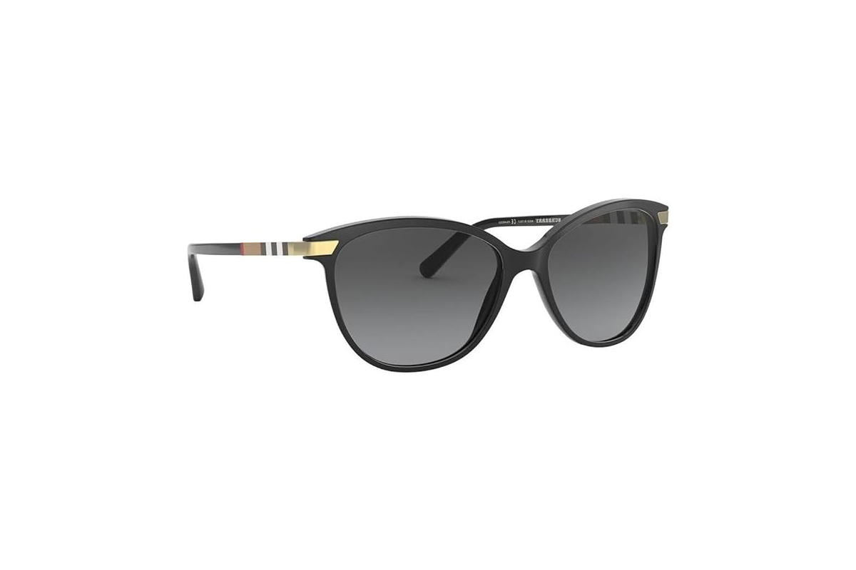 This image shows a pair of black sunglasses with the Burberry design on each side of the frame.