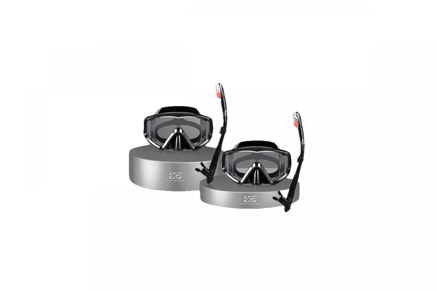 Two black and grey snorkels and masks.