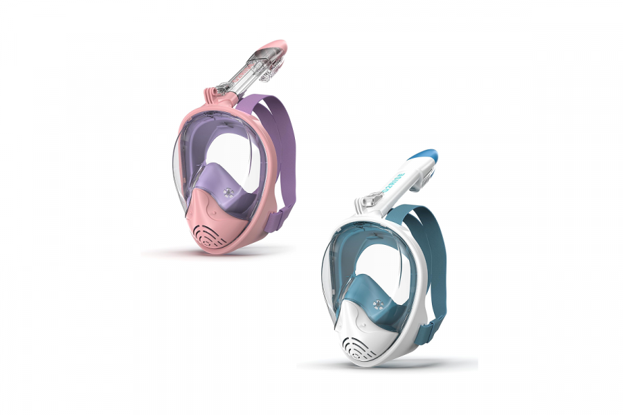 A pink and purple snorkel mask and a teal and white snorkel mask.