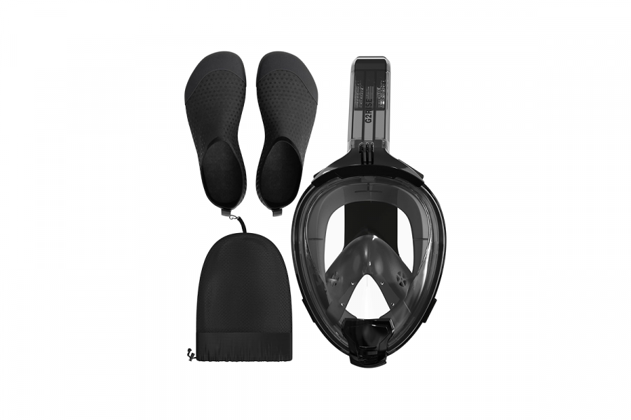 A black snorkel mask, black water shoes and a black travel bag.