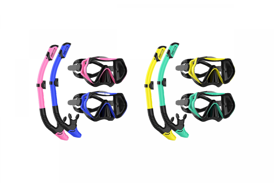 A pink, blue, yellow and green snorkel mask and snorkel.