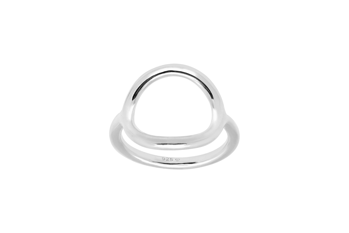 This image features a sterling silver band with a hollow, circular sterling silver section atop the band.
