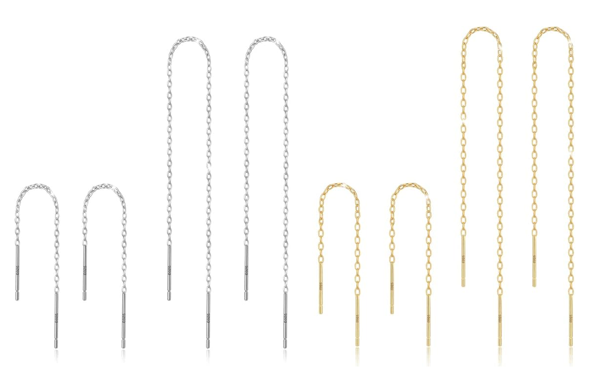 This image features four pair of threader style earrings.