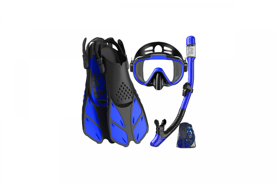 A blue and black snorkel, mask, fin set and bag.