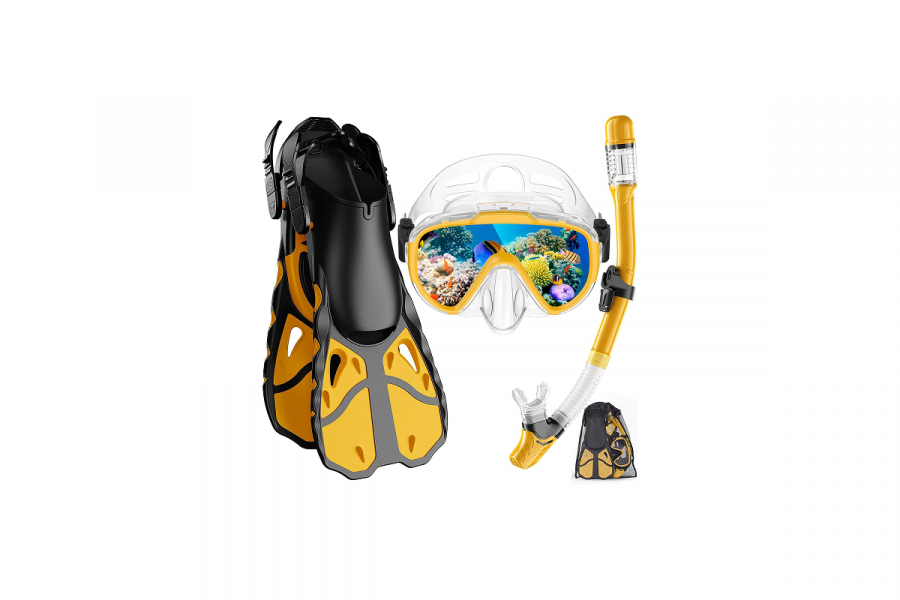 A yellow and black snorkel, mask, fin set and bag.